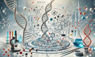 Abstract scientific illustration of ADN-237 with molecular structures and laboratory elements.