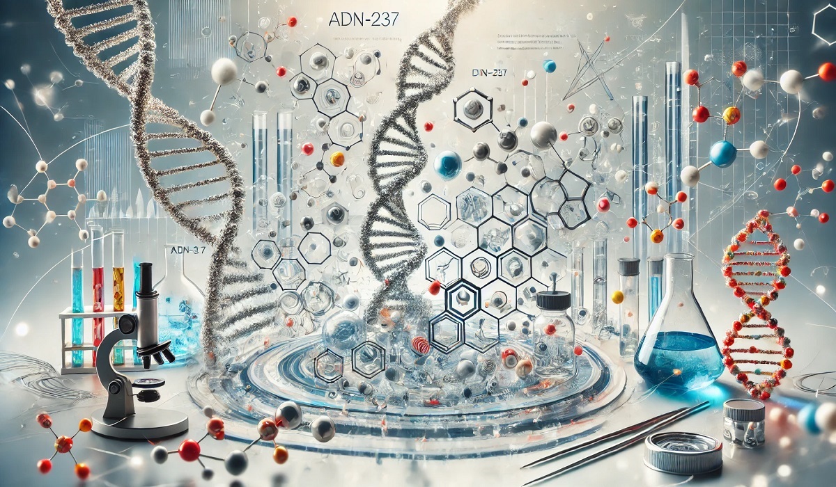 Abstract scientific illustration of ADN-237 with molecular structures and laboratory elements.