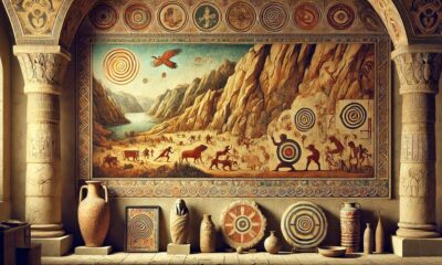 A display of ancient art, including cave paintings, pottery, and sculptures from various historical civilizations.