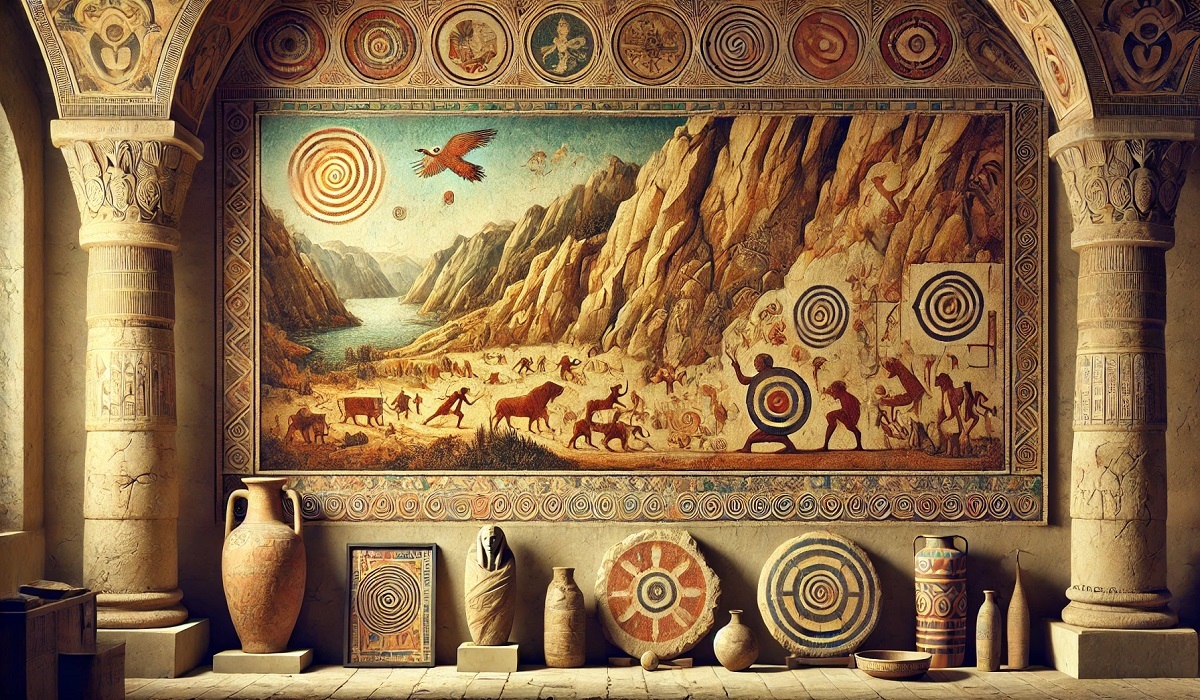 A display of ancient art, including cave paintings, pottery, and sculptures from various historical civilizations.