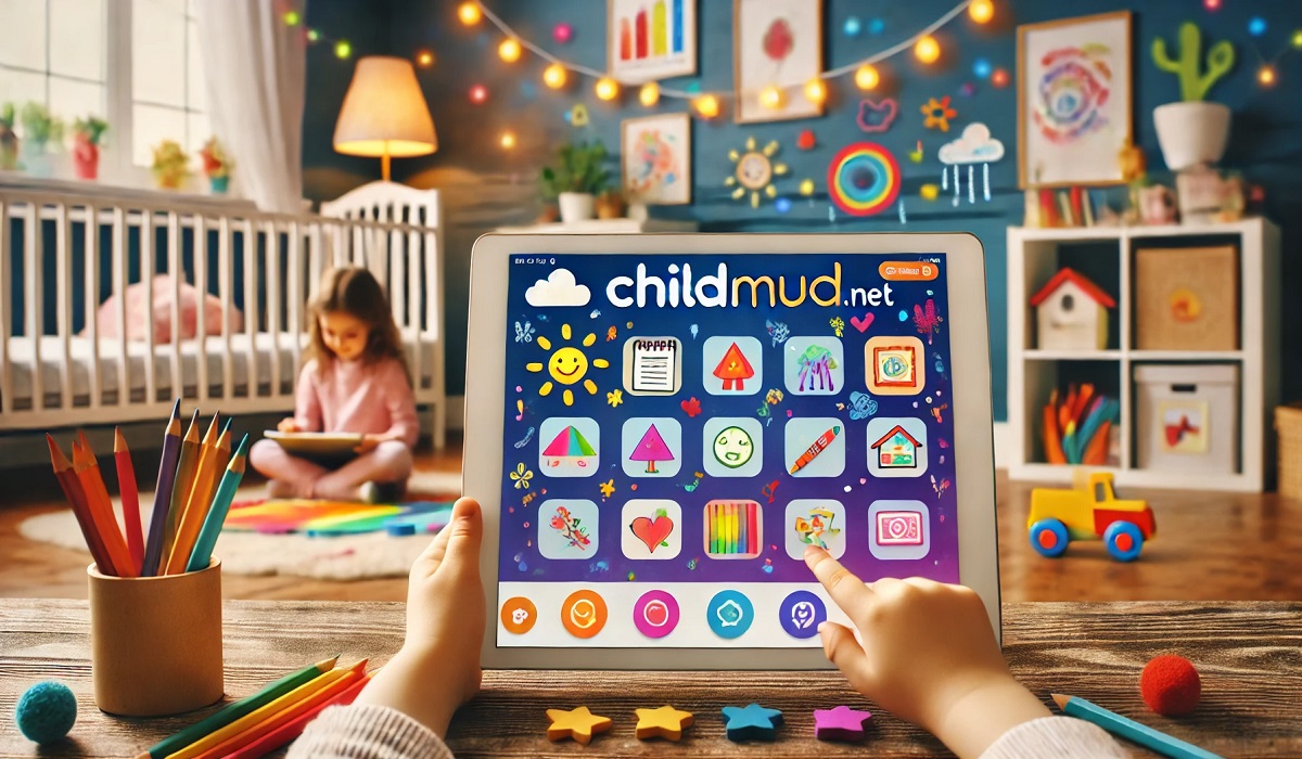 A colorful depiction of childmud.net showcasing interactive tools and activities for kids in a vibrant digital interface.