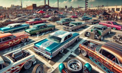 A vibrant car culture scene featuring donkshakers with custom modifications and unique paint jobs.