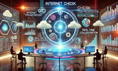 Futuristic representation of internet chcisk with online tools and digital efficiency symbols.