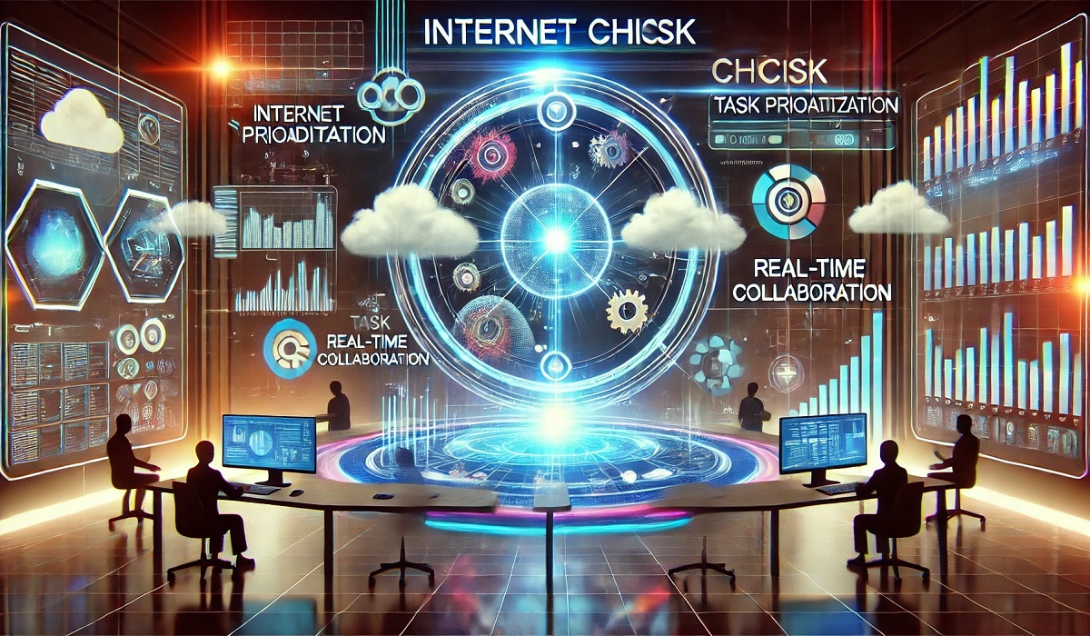 Futuristic representation of internet chcisk with online tools and digital efficiency symbols.