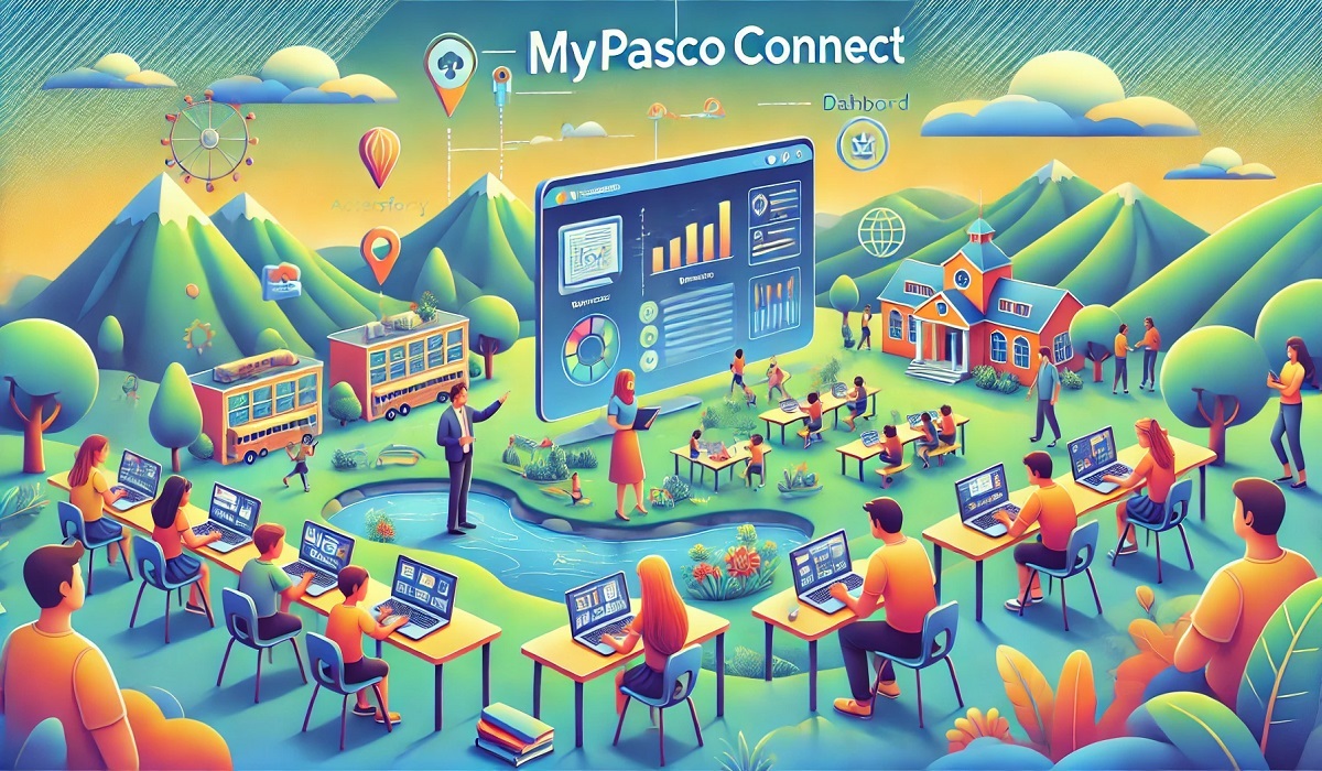 A vibrant landscape image showcasing mypascoconect in action, featuring students accessing an online educational portal.