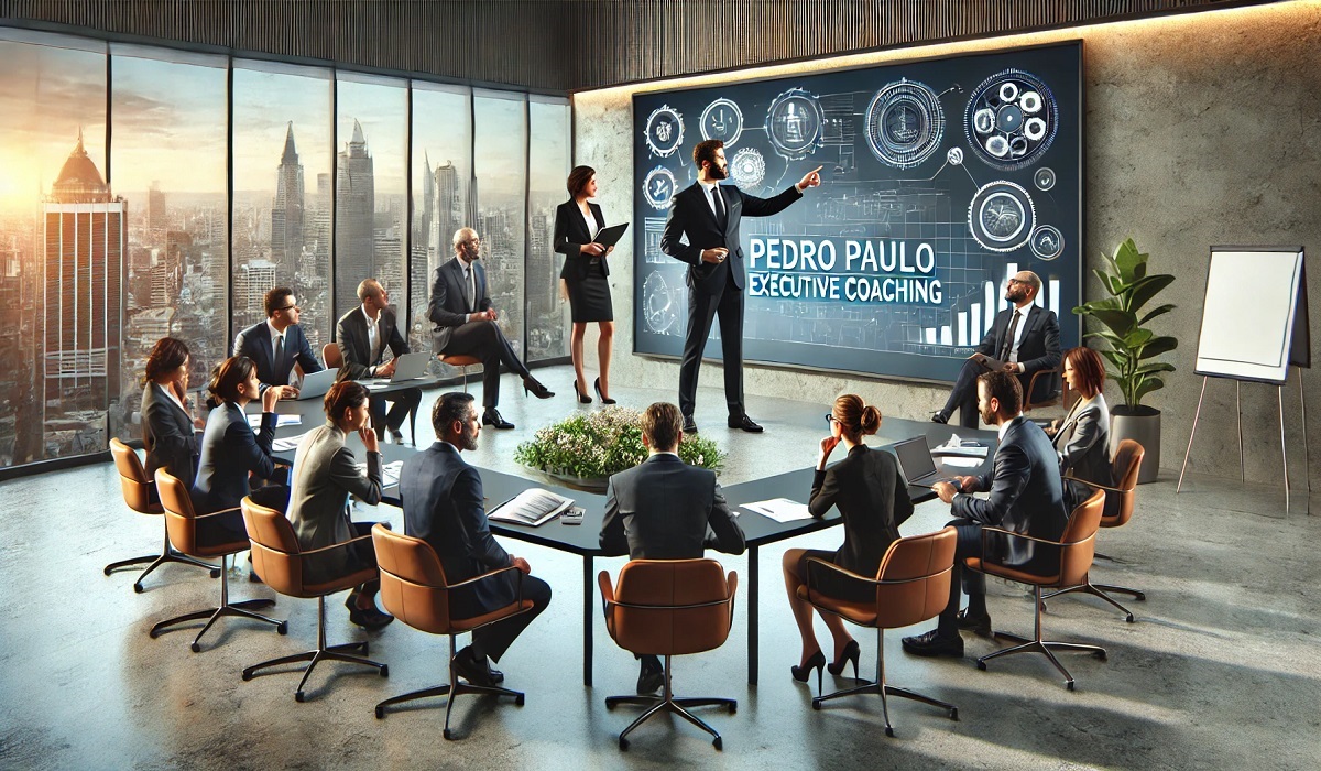 A professional landscape showing Pedro Paulo executive coaching in action, featuring leadership training and collaboration.