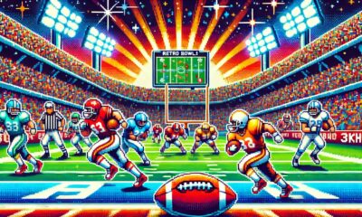 A player in Retro Bowl 3kh0 executing a touchdown in a pixelated football field.