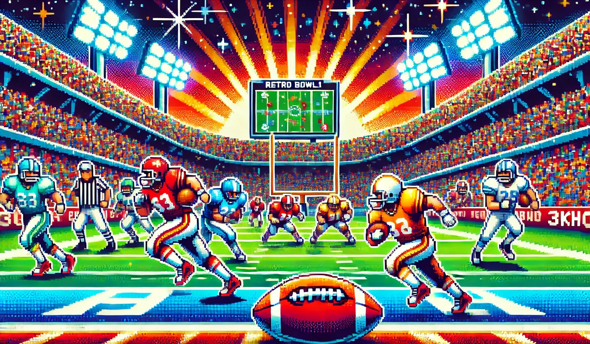 A player in Retro Bowl 3kh0 executing a touchdown in a pixelated football field.