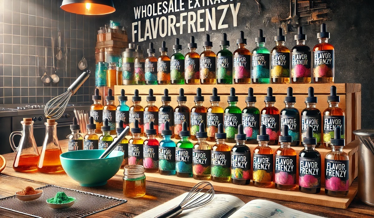 Wholesale extracts Flavorfrenzy showcasing vibrant flavors in bottles, symbolizing quality and variety.