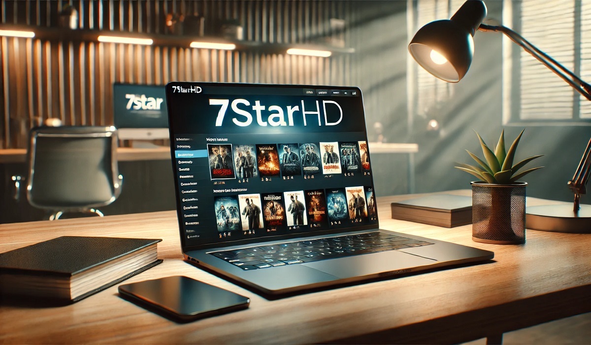 A modern workspace with a laptop displaying the 7starhd website, showcasing HD movie download options.