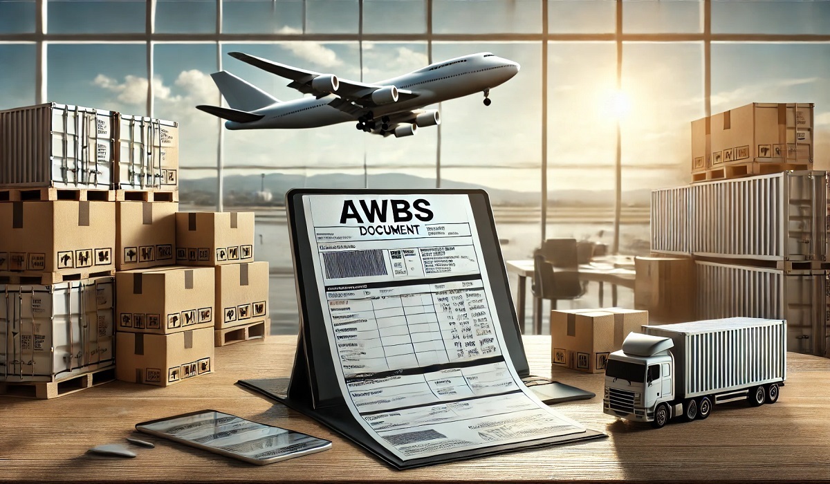 An image of an AWBs document with air cargo details on a desk.