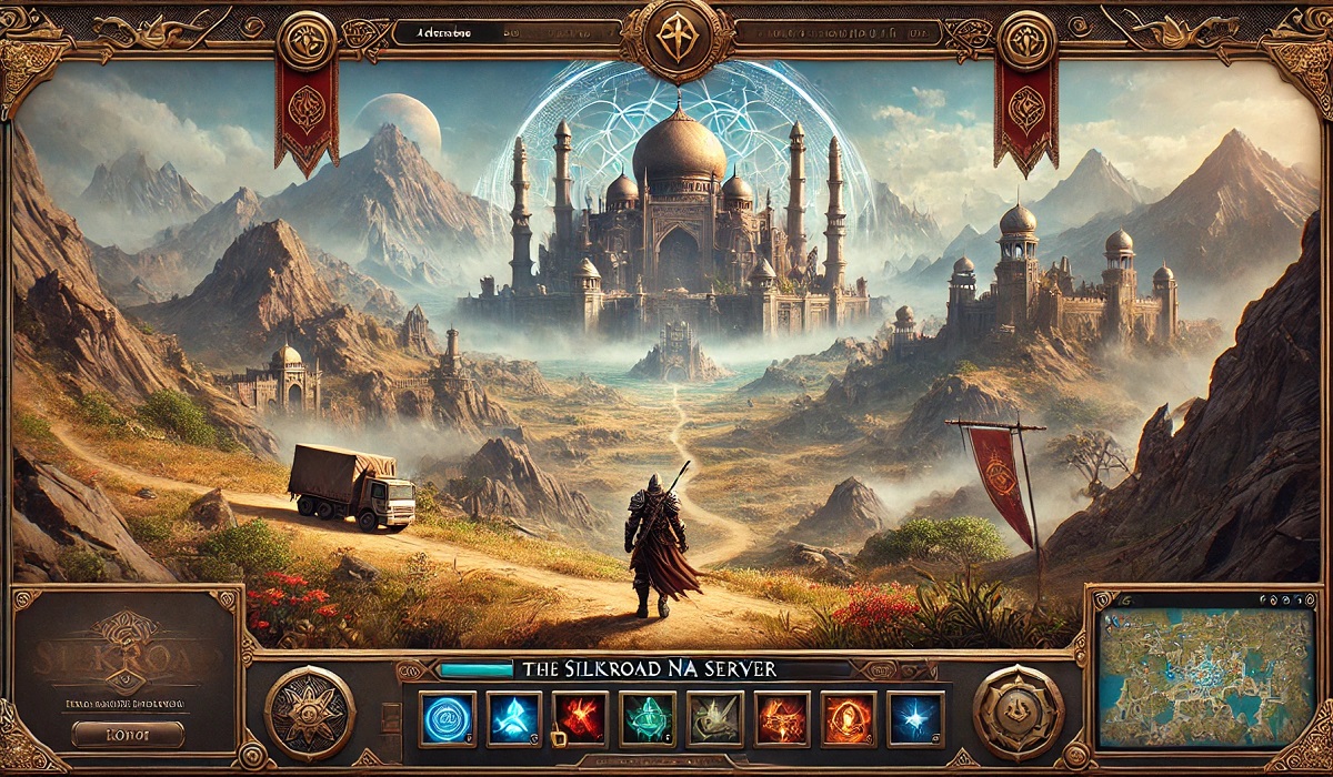 A player navigating the Silkroad NA server with a fantasy MMORPG map in the background.