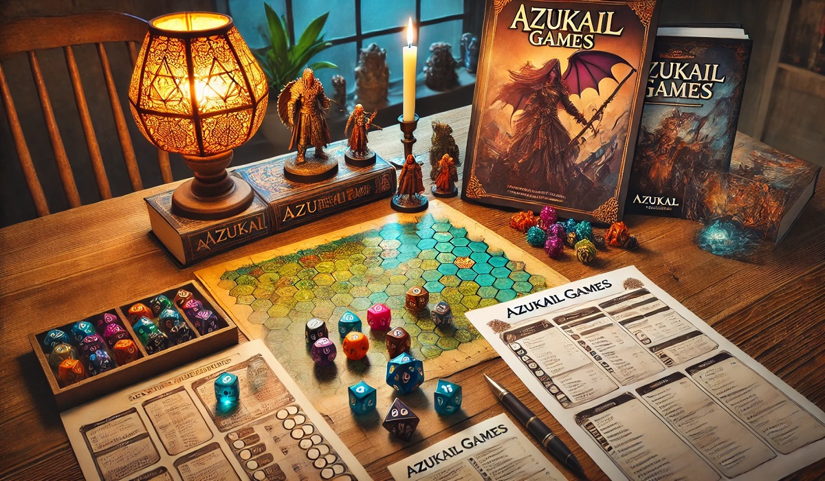 A table setup with Azukail Games resources, including game supplements, dice, and a tabletop RPG map.