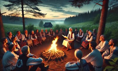 Traditional depiction of a Lithuanian bertėjas in a cultural storytelling setting