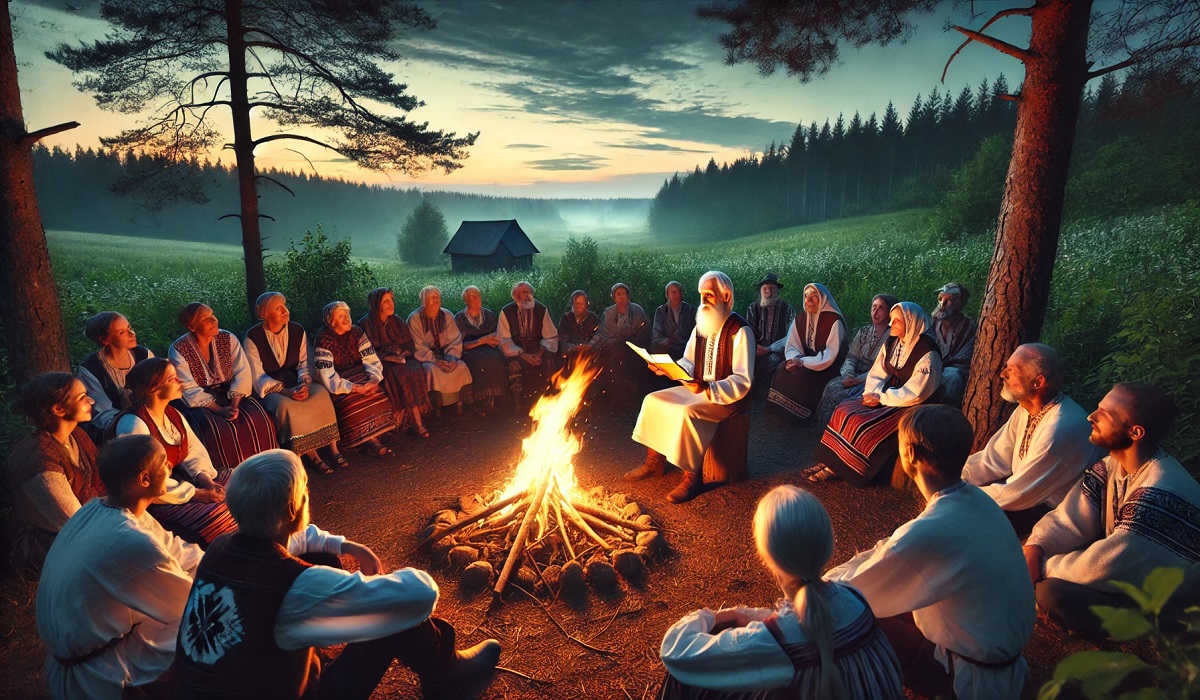 Traditional depiction of a Lithuanian bertėjas in a cultural storytelling setting