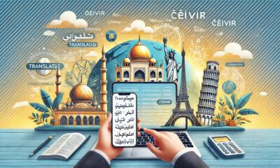 A representation of çeivir with digital devices translating text in multiple languages, emphasizing Turkish translations.