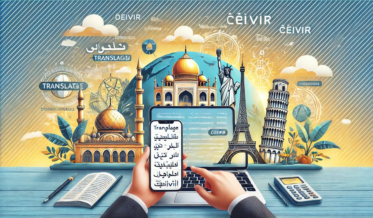 A representation of çeivir with digital devices translating text in multiple languages, emphasizing Turkish translations.