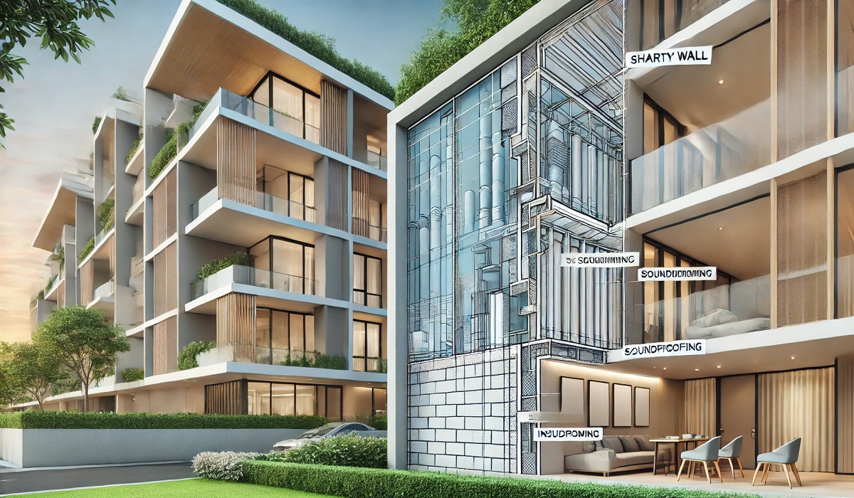 A detailed diagram of a condo party wall flank wall separating two units.