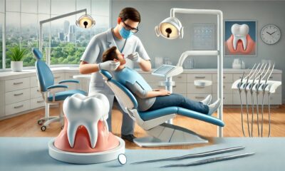 A dentist placing a dental crown on a patient's tooth.