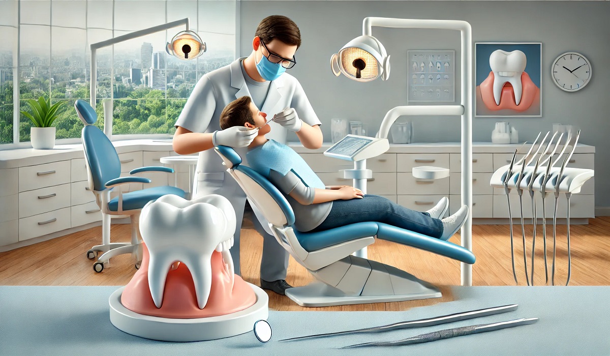 A dentist placing a dental crown on a patient's tooth.