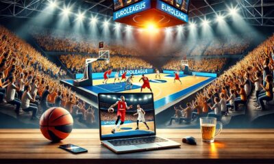 A vibrant depiction of EuroLeague basketball players in action with FloSports live-streaming on a laptop screen.