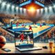 A vibrant depiction of EuroLeague basketball players in action with FloSports live-streaming on a laptop screen.