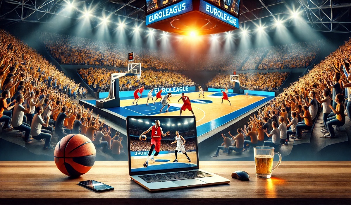 A vibrant depiction of EuroLeague basketball players in action with FloSports live-streaming on a laptop screen.