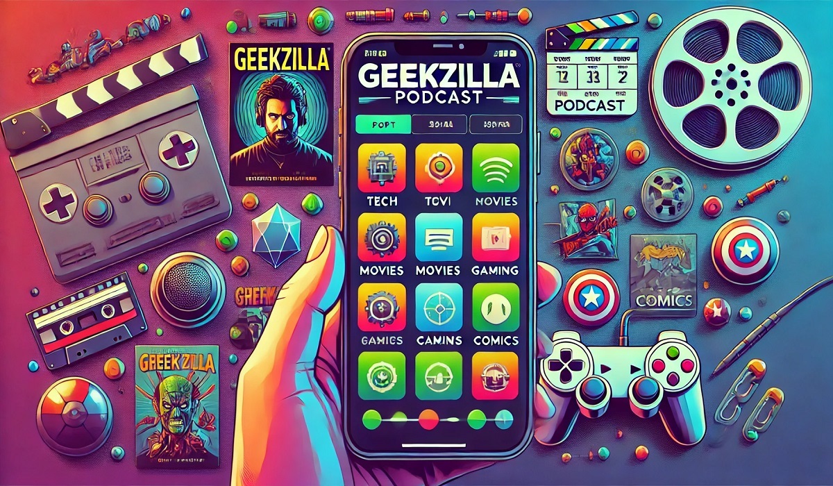 Geekzilla Podcast cover art displayed on a smartphone screen with a sleek and modern design.