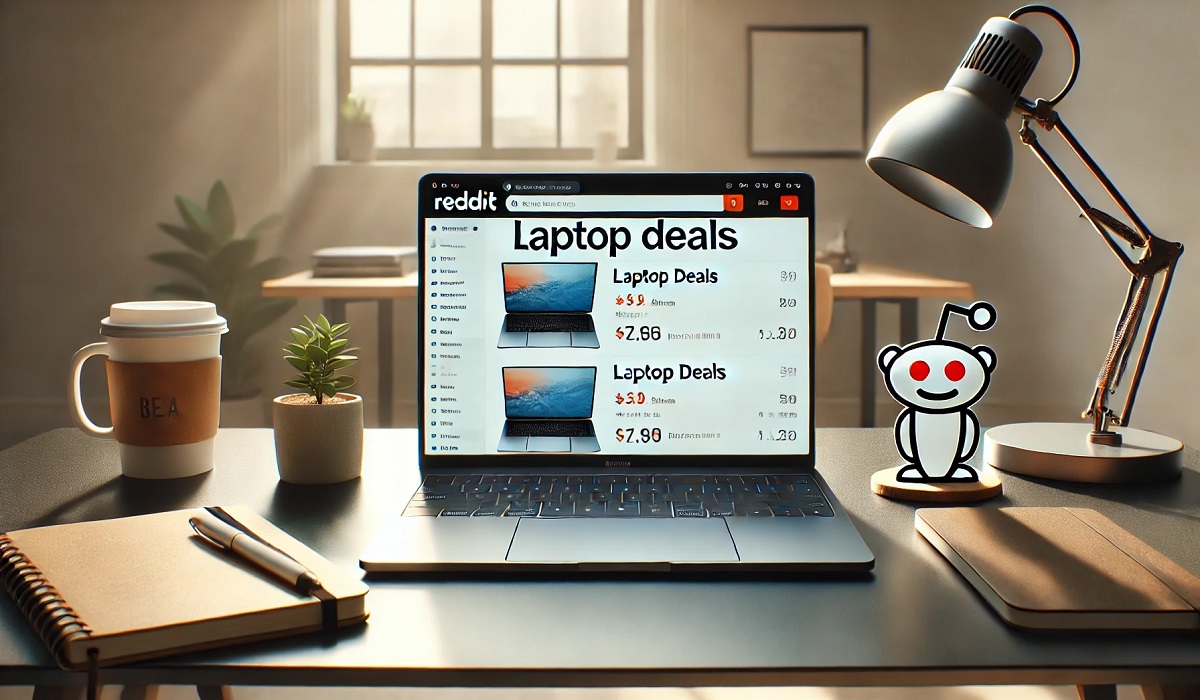 A laptop placed on a modern desk with Reddit open on the screen, surrounded by notebooks and coffee.