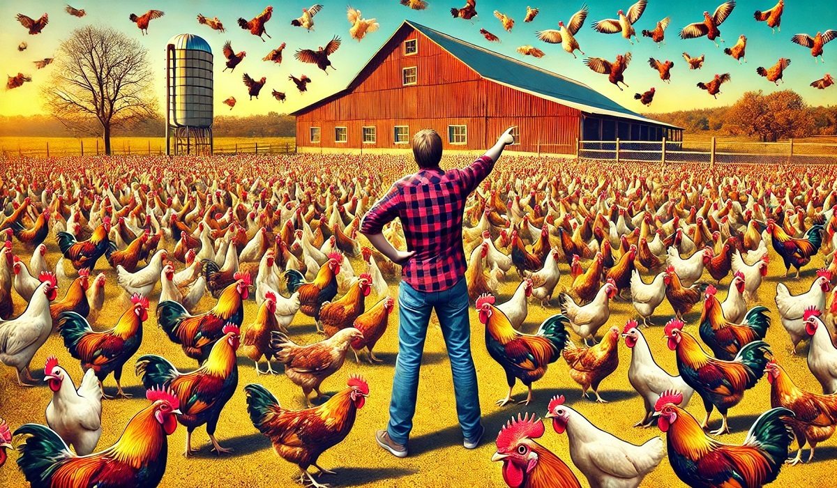 A humorous scene depicting a person amazed by a large flock of chickens, inspired by the viral meme look at all those chickens