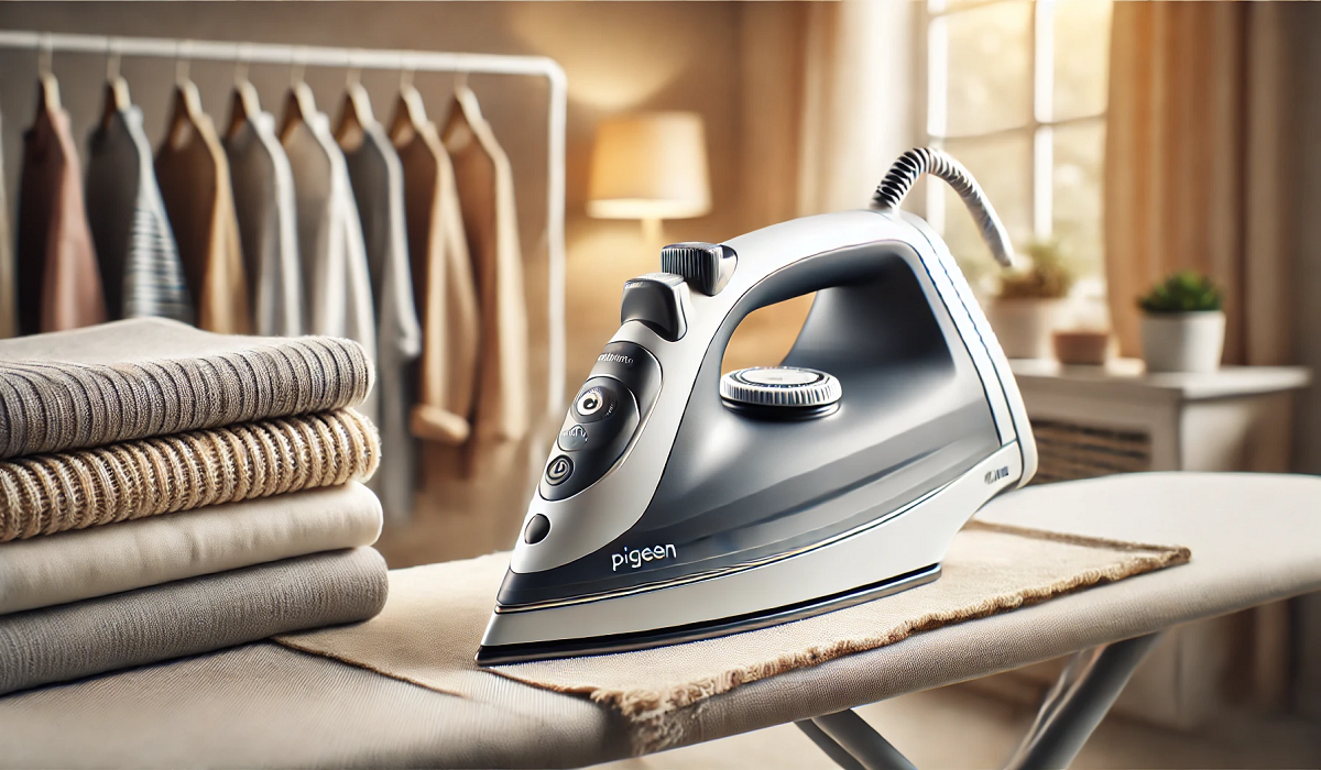 A sleek and modern Pigeon Iron Box on an ironing board with neatly pressed clothes in the background.