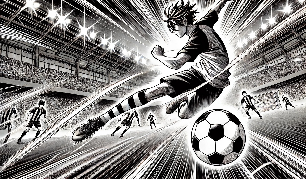 A dynamic action scene from read blue lock manga featuring intense soccer gameplay.