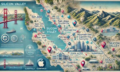 A detailed map highlighting Silicon Valley, showing major cities, tech hubs, and landmarks.