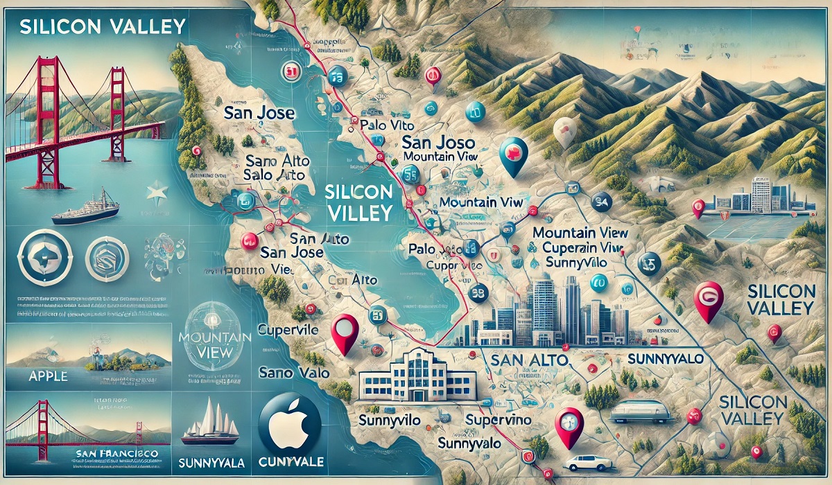 A detailed map highlighting Silicon Valley, showing major cities, tech hubs, and landmarks.