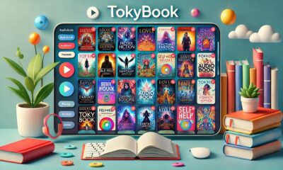 An illustration of Tokybook, a vibrant audiobook platform interface showcasing categories and features.