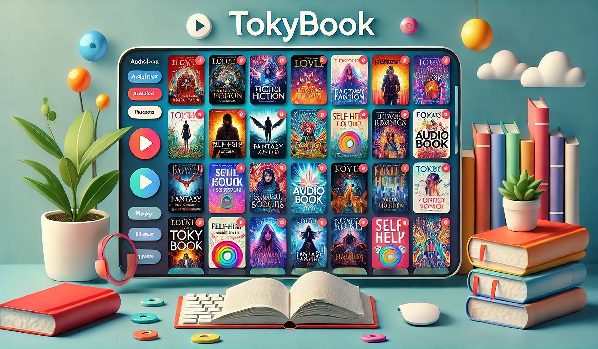 An illustration of Tokybook, a vibrant audiobook platform interface showcasing categories and features.