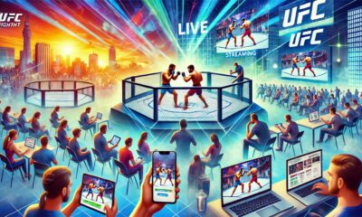 A vibrant illustration of live UFC streams online, showcasing fighters in action with streaming platforms in the background.