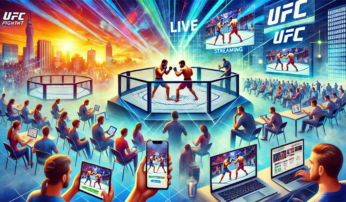 A vibrant illustration of live UFC streams online, showcasing fighters in action with streaming platforms in the background.