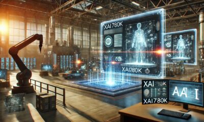 Futuristic depiction of xai780k technology in action with a digital and industrial backdrop.