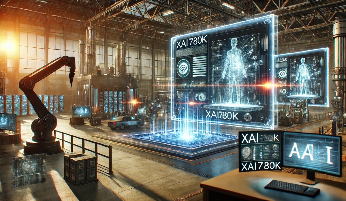 Futuristic depiction of xai780k technology in action with a digital and industrial backdrop.