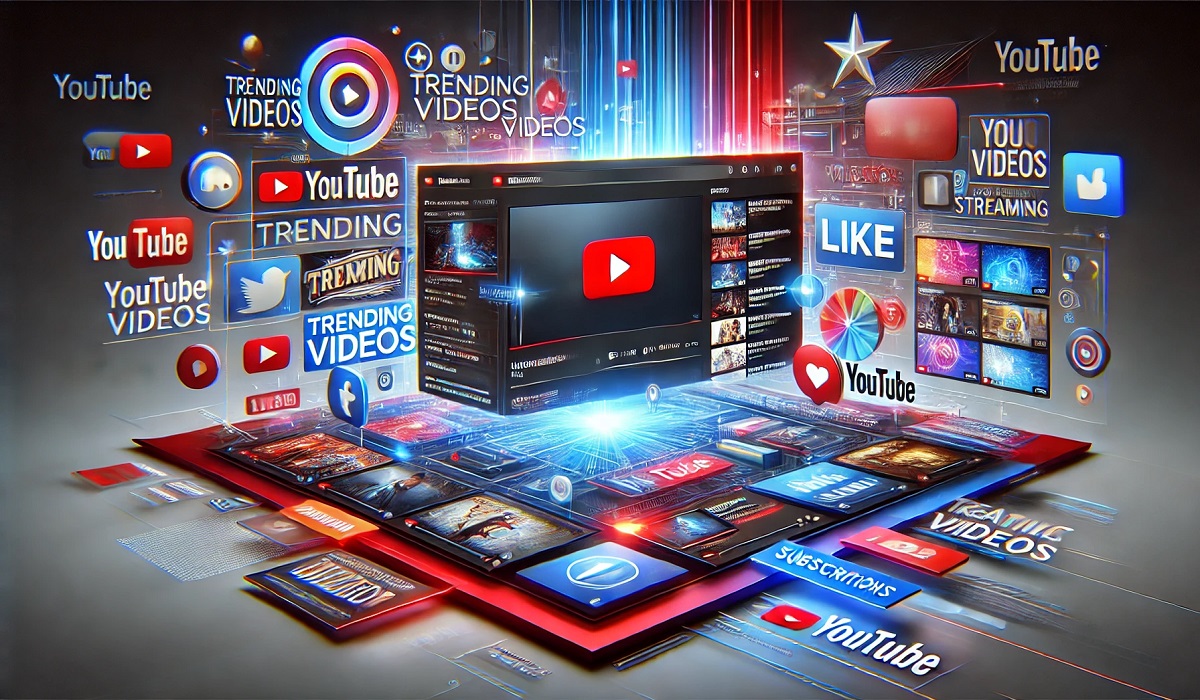 A creative depiction of youtube interface with trending videos and a seamless user-friendly design.