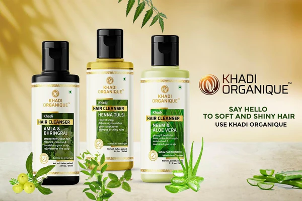 A collection of Khadi Organic skincare and haircare products, emphasizing natural ingredients.