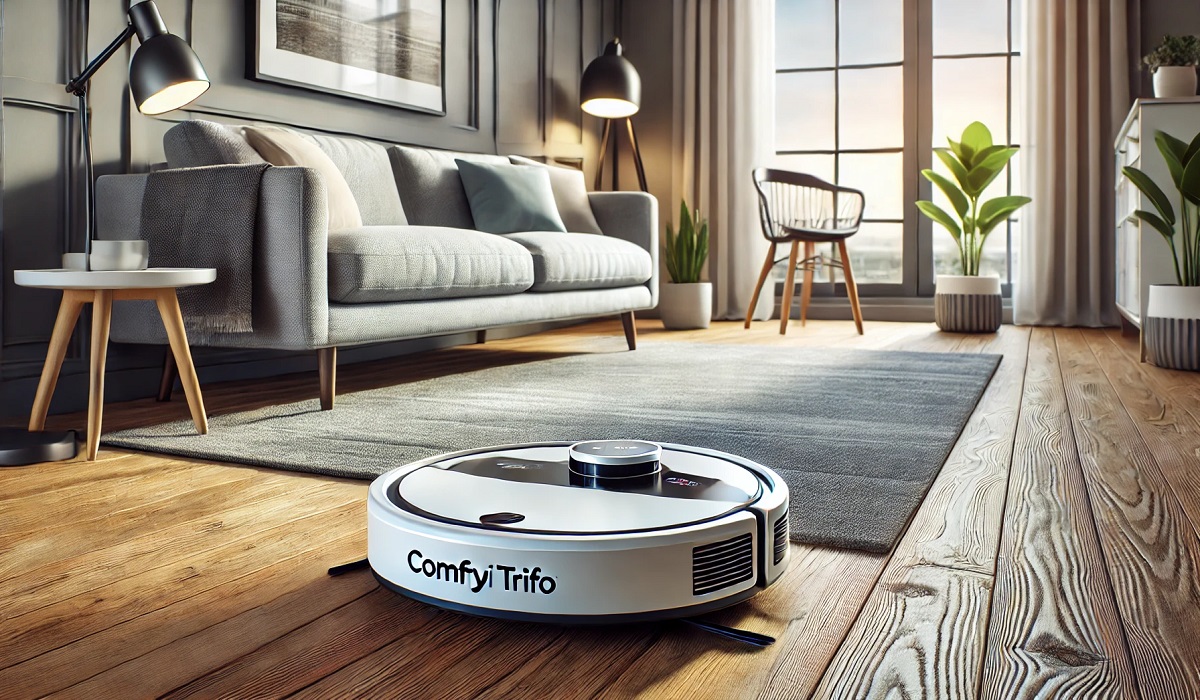 ComfyUI Trifo robotic vacuum navigating through a modern living room.