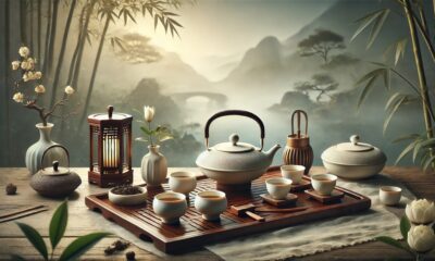 A beautifully arranged Gongfu tea set featuring teacups, gaiwan, and tea tools on a wooden tray.