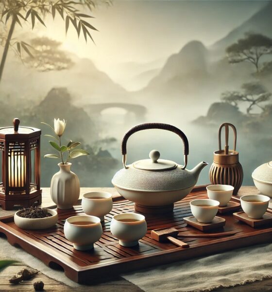 A beautifully arranged Gongfu tea set featuring teacups, gaiwan, and tea tools on a wooden tray.