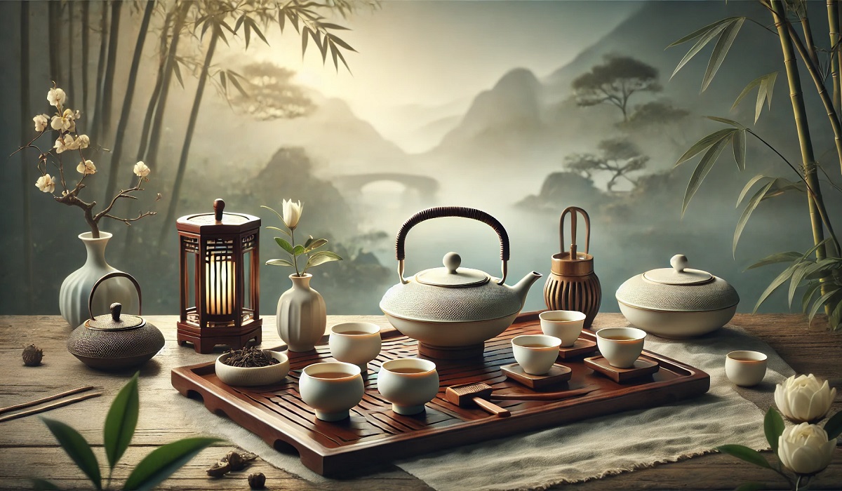 A beautifully arranged Gongfu tea set featuring teacups, gaiwan, and tea tools on a wooden tray.