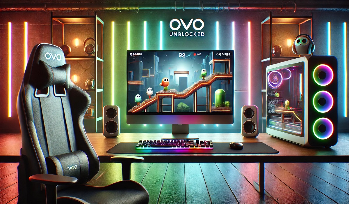 OVO Unblocked gameplay on a vibrant computer screen in a modern gaming setup.