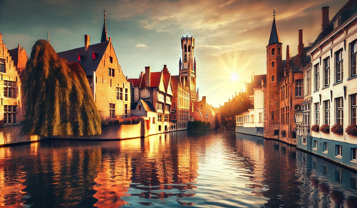 Scenic view of Bruges cityscape representing startbild windows brügge, featuring canals and historic buildings